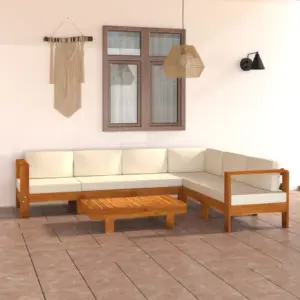 7-osaline akaatsiapuidust aiamööbli komplekt patjadega, nurgadiivan ja laud 100 x 60 cm, kreemjasvalge polster
