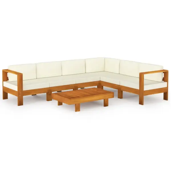7-osaline akaatsiapuidust aiamööbli komplekt patjadega, nurgadiivan ja laud 100 x 60 cm, kreemjasvalge polster – 2