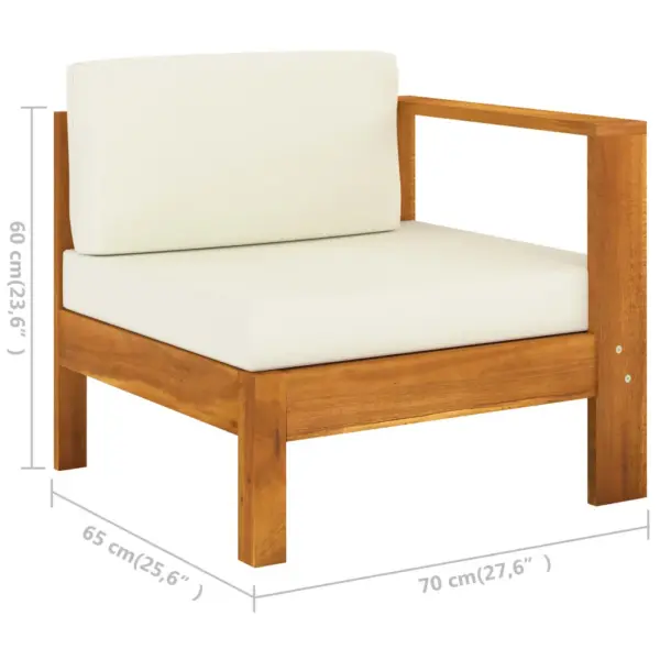 7-osaline akaatsiapuidust aiamööbli komplekt patjadega, nurgadiivan ja laud 100 x 60 cm, kreemjasvalge polster – 9