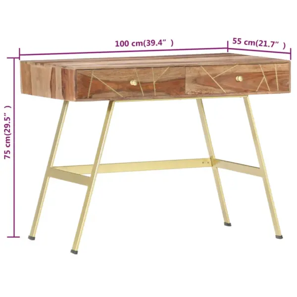 Kirjutuslaud akaatsiapuidust 2 sahtliga, naturaalne ja messing, 100 x 55 x 75 cm – 6