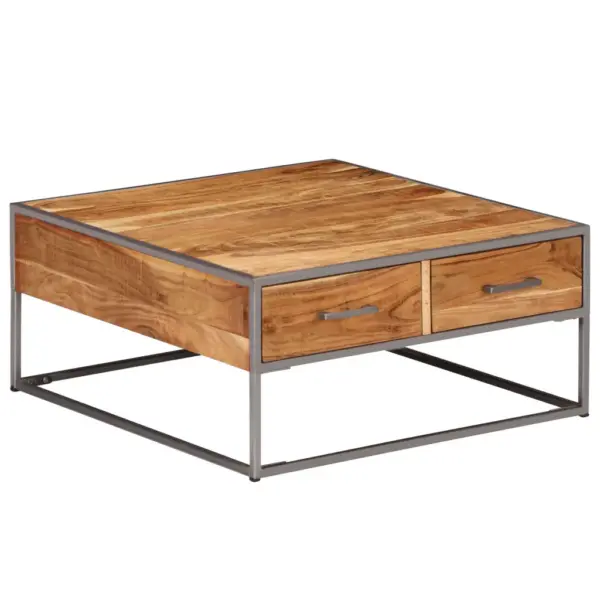 Akaatsiapuidust kohvilaud 2 sahtliga, tööstuslik stiil, 75 x 75 x 35 cm – 3