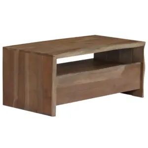 Akaatsiapuidust kohvilaud naturaalse servaga riiuli ja sahtliga, hall, 90 x 50 x 40 cm