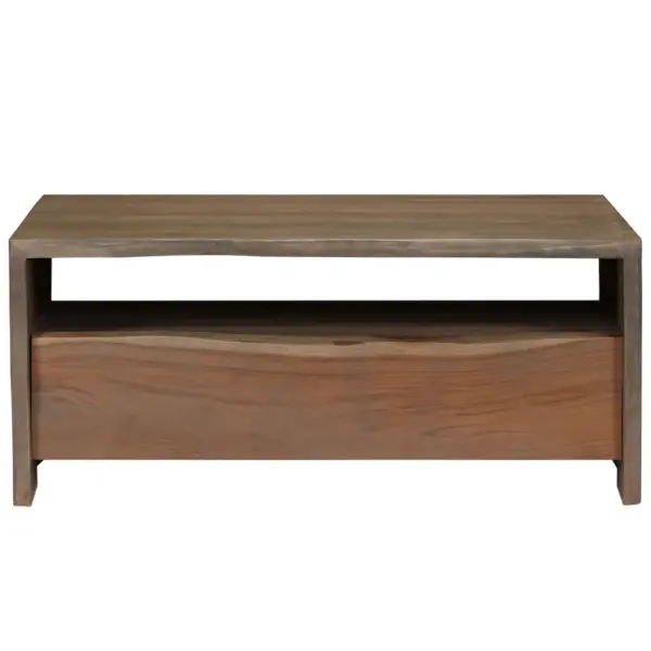 Akaatsiapuidust kohvilaud naturaalse servaga riiuli ja sahtliga, hall, 90 x 50 x 40 cm – 2