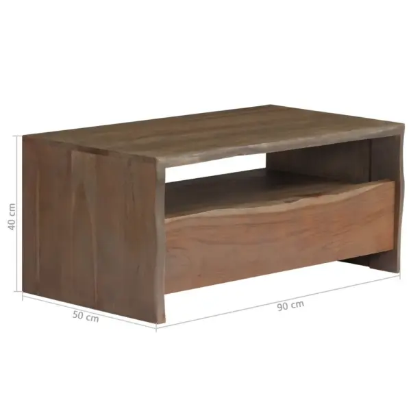 Akaatsiapuidust kohvilaud naturaalse servaga riiuli ja sahtliga, hall, 90 x 50 x 40 cm – 11