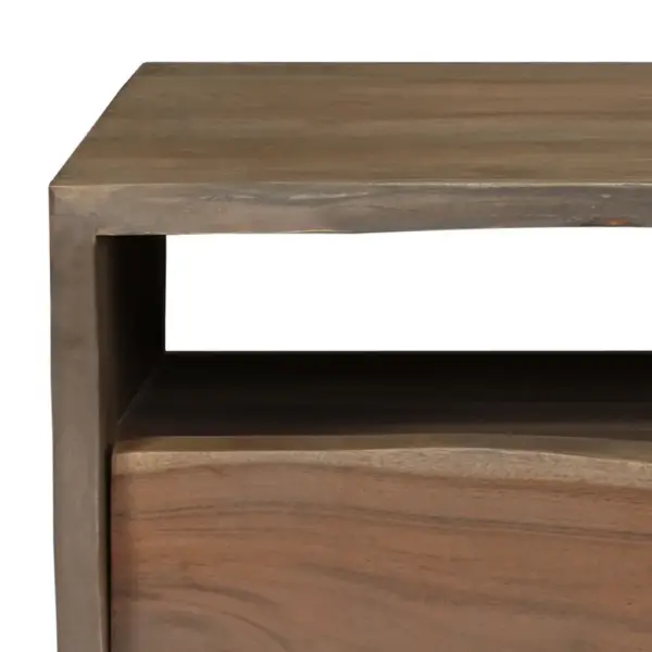 Akaatsiapuidust kohvilaud naturaalse servaga riiuli ja sahtliga, hall, 90 x 50 x 40 cm – 6