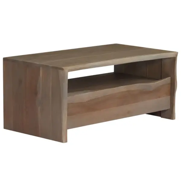 Akaatsiapuidust kohvilaud naturaalse servaga riiuli ja sahtliga, hall, 90 x 50 x 40 cm – 7
