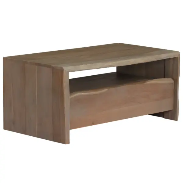 Akaatsiapuidust kohvilaud naturaalse servaga riiuli ja sahtliga, hall, 90 x 50 x 40 cm – 8