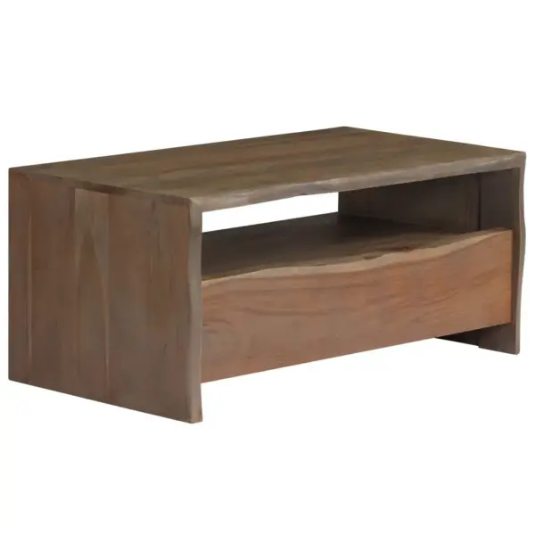 Akaatsiapuidust kohvilaud naturaalse servaga riiuli ja sahtliga, hall, 90 x 50 x 40 cm – 10