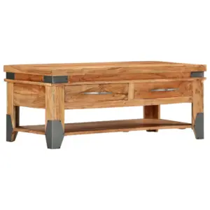 Naturaalset tooni akaatsiapuidust kohvilaud kahe sahtli ja riiuliga, 110 x 52 x 45 cm