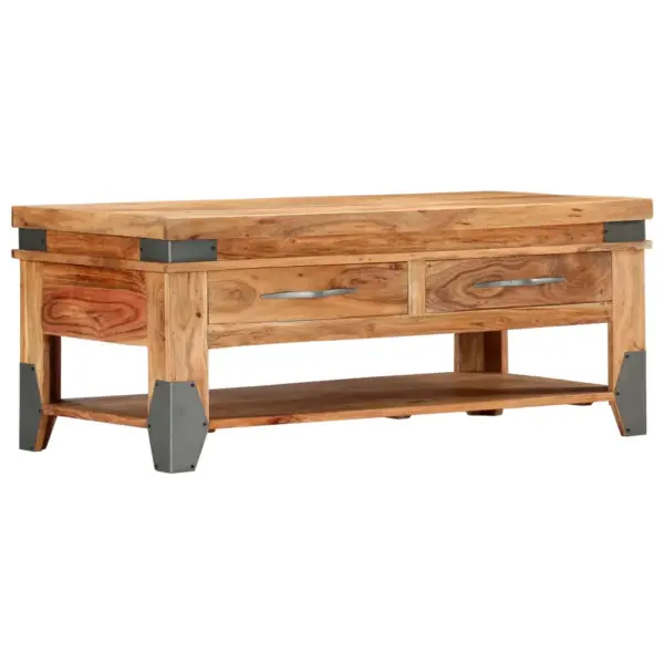 Naturaalset tooni akaatsiapuidust kohvilaud kahe sahtli ja riiuliga, 110 x 52 x 45 cm – 11