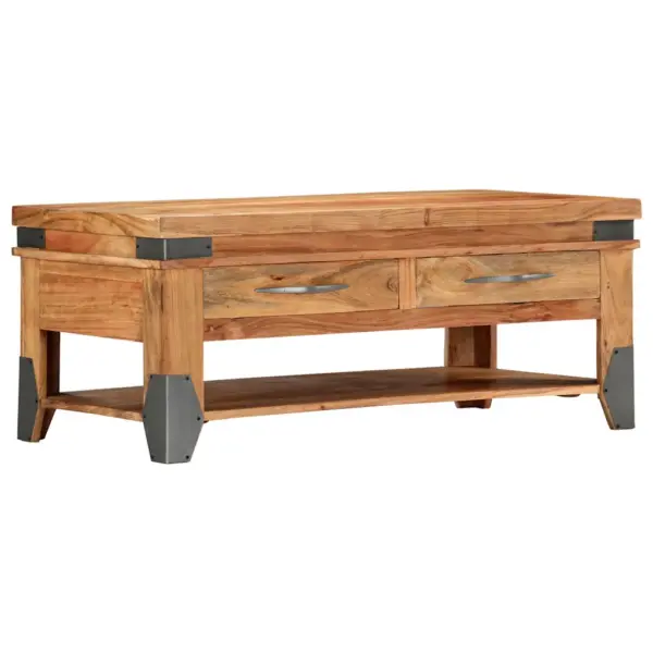 Naturaalset tooni akaatsiapuidust kohvilaud kahe sahtli ja riiuliga, 110 x 52 x 45 cm – 13