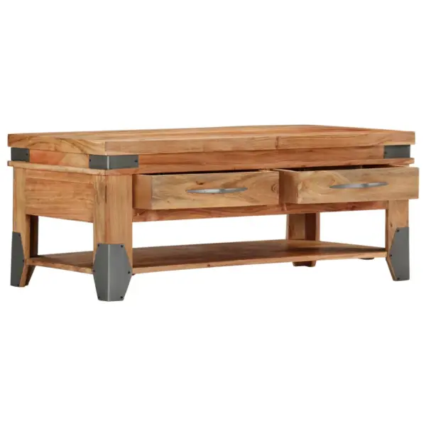 Naturaalset tooni akaatsiapuidust kohvilaud kahe sahtli ja riiuliga, 110 x 52 x 45 cm – 4