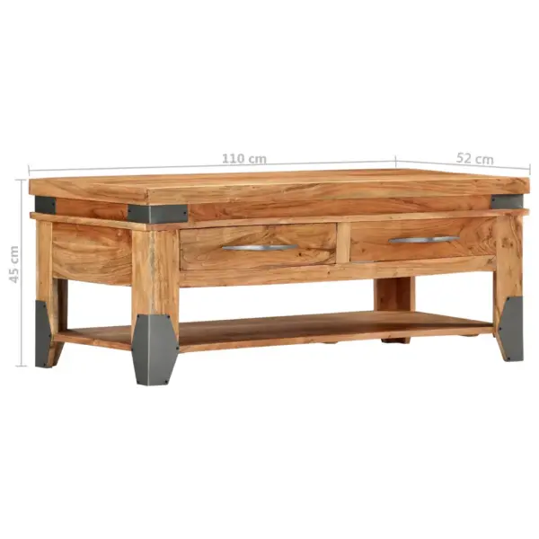 Naturaalset tooni akaatsiapuidust kohvilaud kahe sahtli ja riiuliga, 110 x 52 x 45 cm – 9
