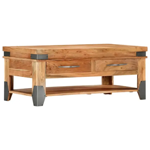Naturaalset tooni akaatsiapuidust kohvilaud kahe sahtli ja riiuliga, 110 x 52 x 45 cm – 10