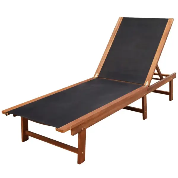 Lamamistoolide komplekt reguleeritava seljatoega, 2 tk, lauaga, akaatsiapuit ja must tekstiilkangas, 200 x 66 x 34 cm – 2