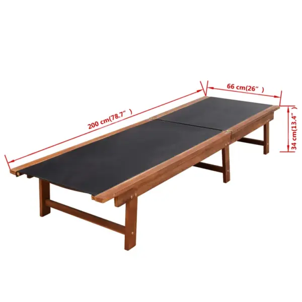 Lamamistoolide komplekt reguleeritava seljatoega, 2 tk, lauaga, akaatsiapuit ja must tekstiilkangas, 200 x 66 x 34 cm – 9