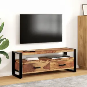 Akaatsiapuidust telerikapp kahe sahtliga, musta terasraamiga, 120 x 35 x 45 cm