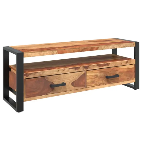 Akaatsiapuidust telerikapp kahe sahtliga, musta terasraamiga, 120 x 35 x 45 cm – 2