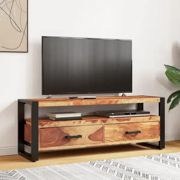 Akaatsiapuidust telerikapp kahe sahtliga, musta terasraamiga, 120 x 35 x 45 cm – 3