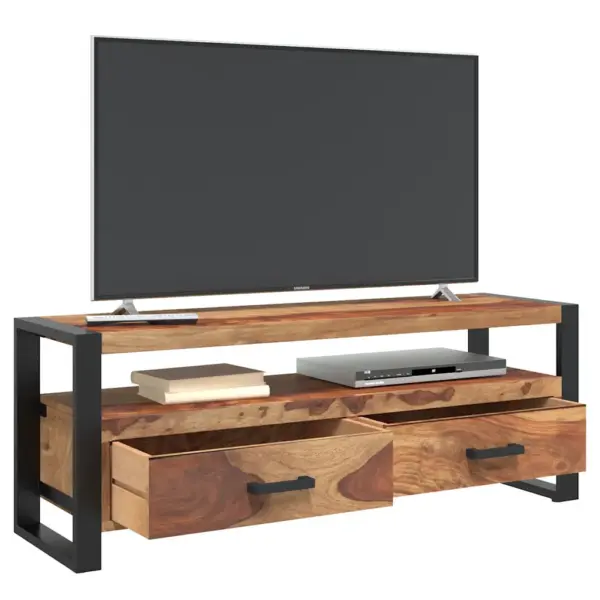Akaatsiapuidust telerikapp kahe sahtliga, musta terasraamiga, 120 x 35 x 45 cm – 4