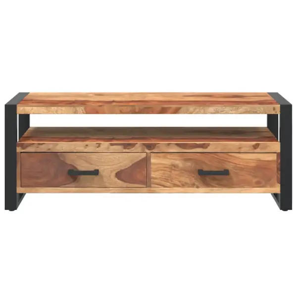 Akaatsiapuidust telerikapp kahe sahtliga, musta terasraamiga, 120 x 35 x 45 cm – 5