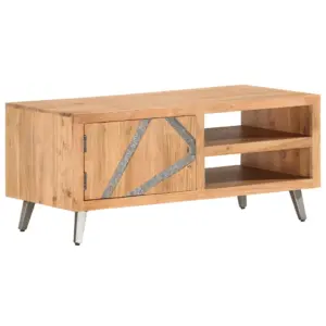 Tööstuslik kohvilaud akaatsiapuidust terasjalgadega, kivikaunistustega uks, 90 x 45 x 40 cm