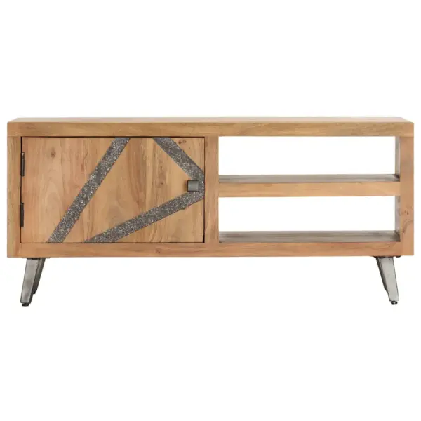 Tööstuslik kohvilaud akaatsiapuidust terasjalgadega, kivikaunistustega uks, 90 x 45 x 40 cm - 3