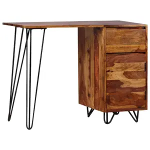 Tööstuslik akaatsiapuust kirjutuslaud sahtli ja kapiga, terasjalgadel, 102 x 45 x 76 cm