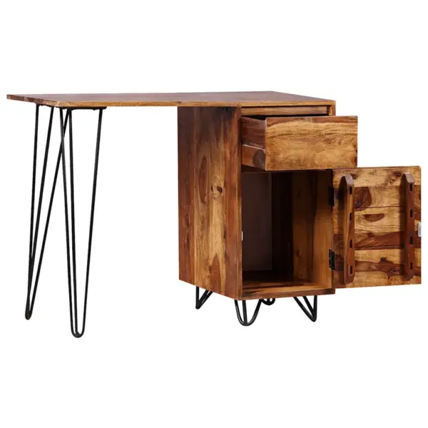 Tööstuslik akaatsiapuust kirjutuslaud sahtli ja kapiga, terasjalgadel, 102 x 45 x 76 cm – 2