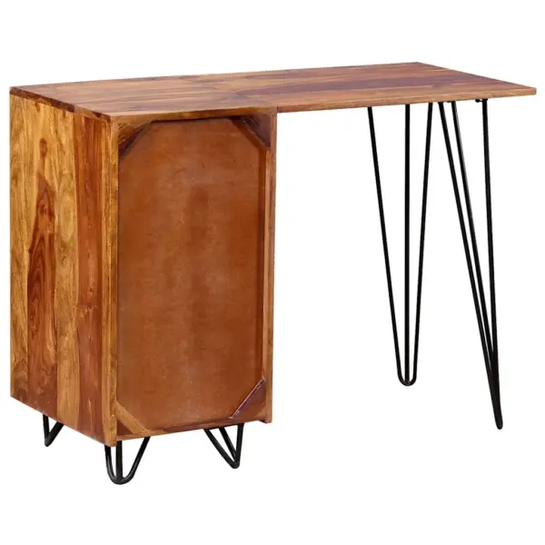 Tööstuslik akaatsiapuust kirjutuslaud sahtli ja kapiga, terasjalgadel, 102 x 45 x 76 cm – 3