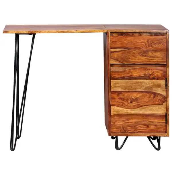 Tööstuslik akaatsiapuust kirjutuslaud sahtli ja kapiga, terasjalgadel, 102 x 45 x 76 cm – 8
