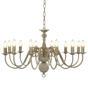 Antiikvalge metallist lühter 12 x E14 pirnialusega, 80 x 45 cm