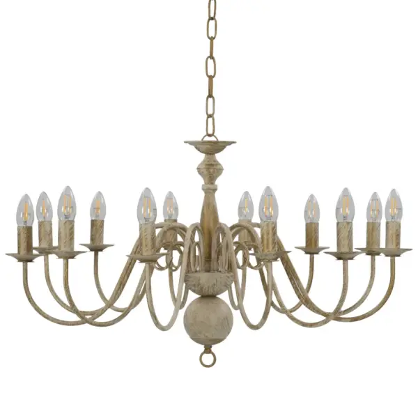 Antiikvalge metallist lühter 12 x E14 pirnialusega, 80 x 45 cm – 2