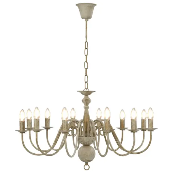 Antiikvalge metallist lühter 12 x E14 pirnialusega, 80 x 45 cm – 4