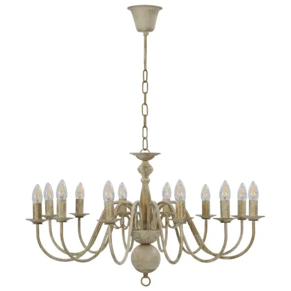 Antiikvalge metallist lühter 12 x E14 pirnialusega, 80 x 45 cm – 5