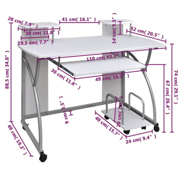 Arvutilaud ratastel klaviatuurisahtliga, valge tehispuit ja pulbervärvitud teras, 110 x 52 x 88,5 cm – 5