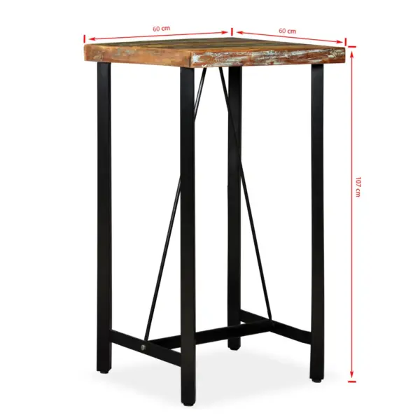 Tööstusliku stiiliga baarikomplekt taaskasutatud puidust ja terasest raamiga, 3-osaline, laud 60 x 60 x 107 cm, baaripukid 30 x 76 cm – 13