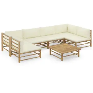 7-osaline bambusest aiamööbli komplekt kreemjasvalgete patjadega, modulaarne