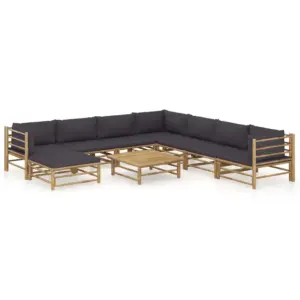 9-osaline modulaarne bambusest aiamööbli komplekt tumehallide patjadega