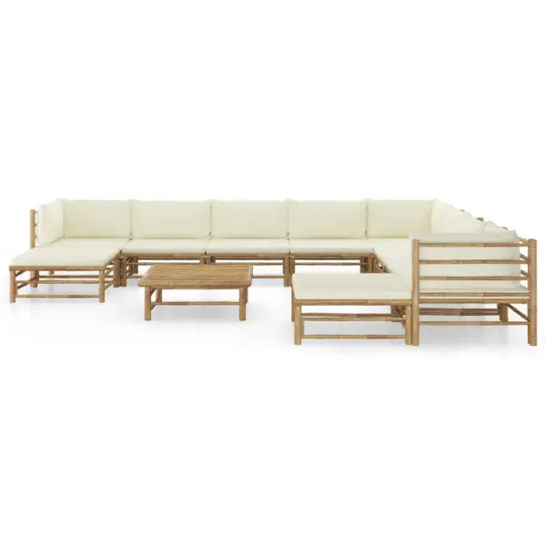 11-osaline bambusest aiamööbli komplekt kreemjasvalgete patjadega – 2