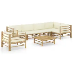 7-osaline bambusest aiamööbli komplekt kreemjasvalgete patjadega, modulaarne