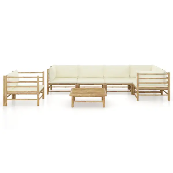 7-osaline bambusest aiamööbli komplekt kreemjasvalgete patjadega, modulaarne – 2