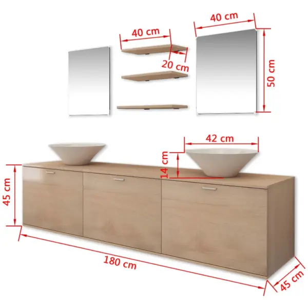 8-osaline valamuga vannitoamööbli komplekt, beež tehispuit, keraamilised valged valamud, 180 cm seinakapp - 9