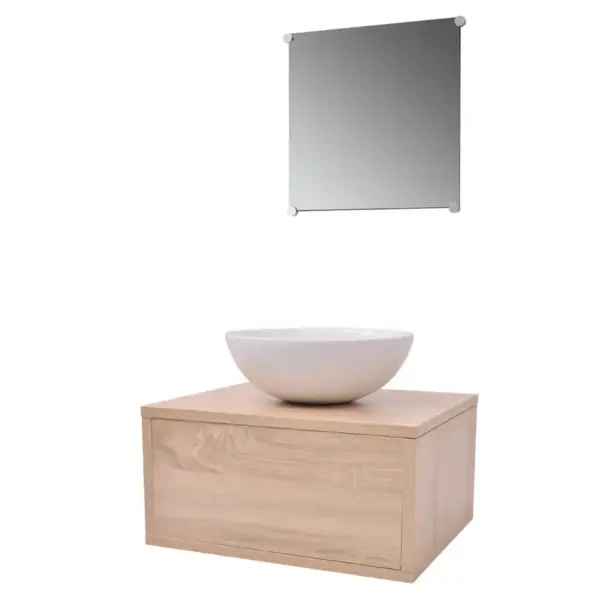 Kolmeosaline vannitoamööbli ja keraamilise valamu komplekt, beež, seinale kinnitatav valamukapp 40 x 34 x 20 cm – 2