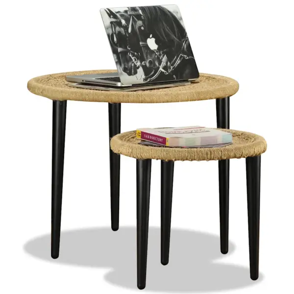 Käsitööna valminud džuutkohvilaudade komplekt, 2 tk, beež, terasraamiga, 59 ja 40 cm – 6