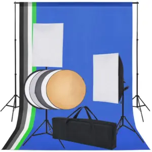 Fotostuudio tausta- ja valgustuskomplekt, 5 kangast tausta, 2 softboxi, alumiiniumraam, reguleeritav kuni 3 m