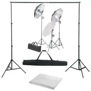 Fotostuudiokomplekt päevavalgusvalgustite ja taustasüsteemiga, 3 lampi, 3 vihmavarju, valge puuvillane taust 500 x 300 cm