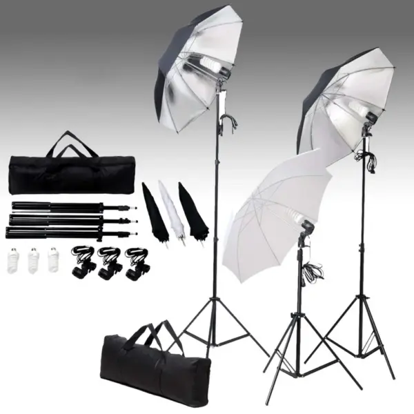 Fotostuudiokomplekt päevavalgusvalgustite ja taustasüsteemiga, 3 lampi, 3 vihmavarju, valge puuvillane taust 500 x 300 cm – 2