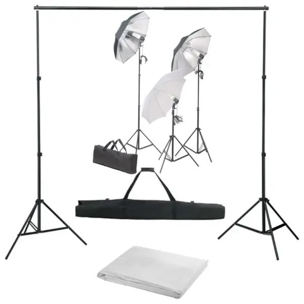 Fotostuudiokomplekt päevavalguslampide, vihmavarjude ja valge 600 x 300 cm taustaga – 2
