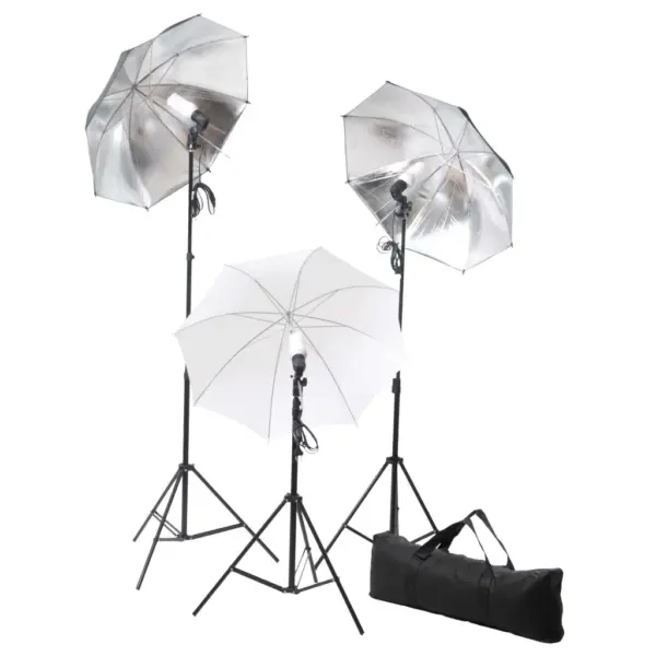 Fotostuudiokomplekt päevavalguslampide, vihmavarjude ja valge 600 x 300 cm taustaga – 4